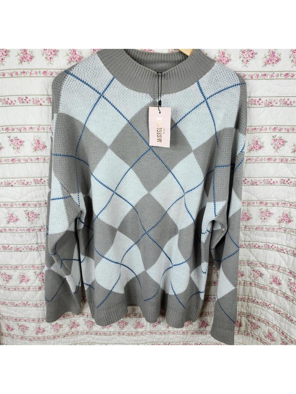 NWT Missguided Women's Plus Argyle Patterned Sweater Size UK 20 / US 16